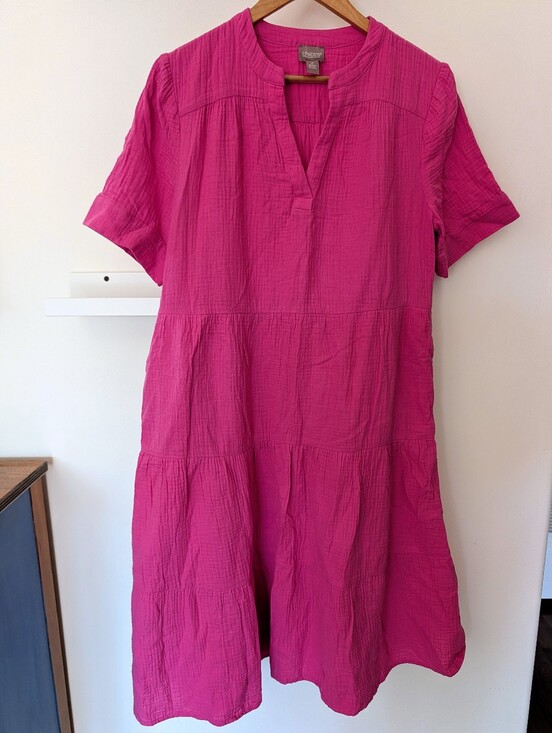 Chico's Dresses & Skirts - Chico's Cotton Gauze Tiered Midi Dress Short Sleeve Women's L/2 12-14 Pink